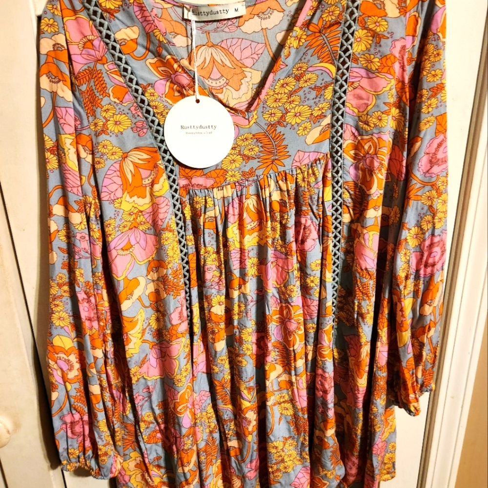 Rusttydustty 1pc Floral Bishop Sleeve Lace Insert Dress